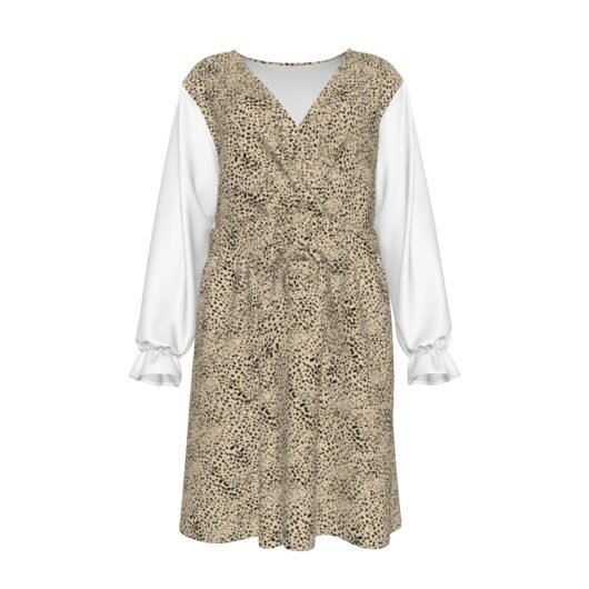 Women's V-neck Plus Size Dress With Waistband And White Sleeves