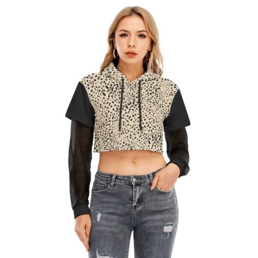 Women's Two-piece Black Color Mesh Sleeve Cropped Hoodie Leopard