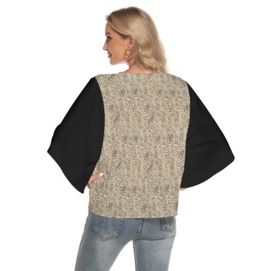 Leopard Women's Bat Sleeve Light V-neck Front Buttoned Top Black Sleeve - Image 4