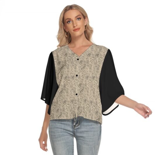 Leopard Women's Bat Sleeve Light V-neck Front Buttoned Top Black Sleeve