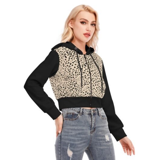 Women's Crop Top Hoodie With Zipper Closure And Black Sleeves Leopard - Image 2