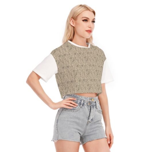 Woman wearing a trendy cropped T-shirt from Regalsuave.com, styled for a chic and casual look.