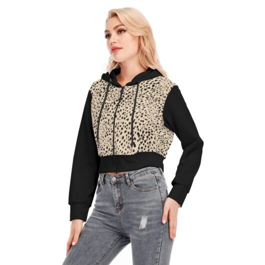 Women's Crop Top Hoodie With Zipper Closure And Black Sleeves Leopard - Image 3