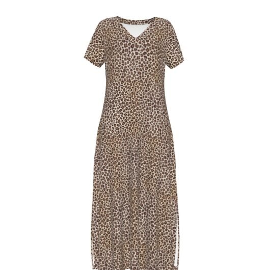 Women's V-neck Dress with Side Slit in Leopard Print by Regalsuave