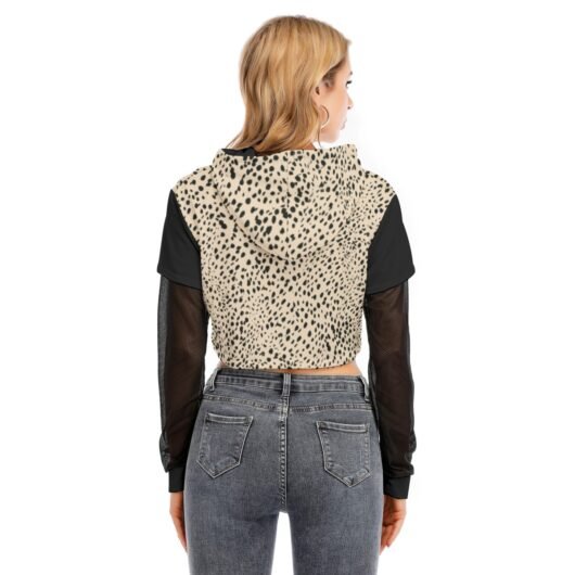 Women's Two-piece Black Color Mesh Sleeve Cropped Hoodie Leopard - Image 4