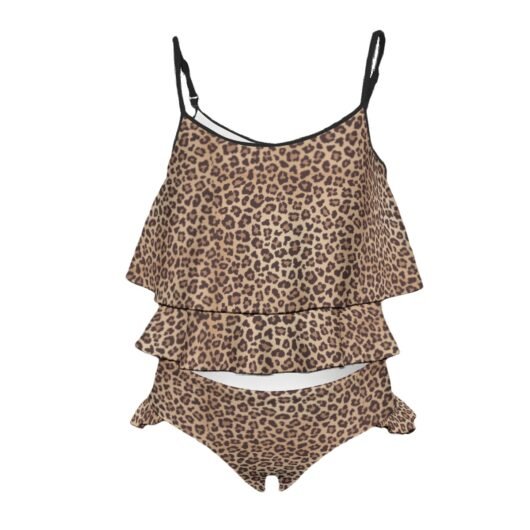 Leopard Print Kid's Swimsuit - Trendy and Comfortable Swimwear for Kids Child wearing a colorful swimsuit, smiling by the pool
