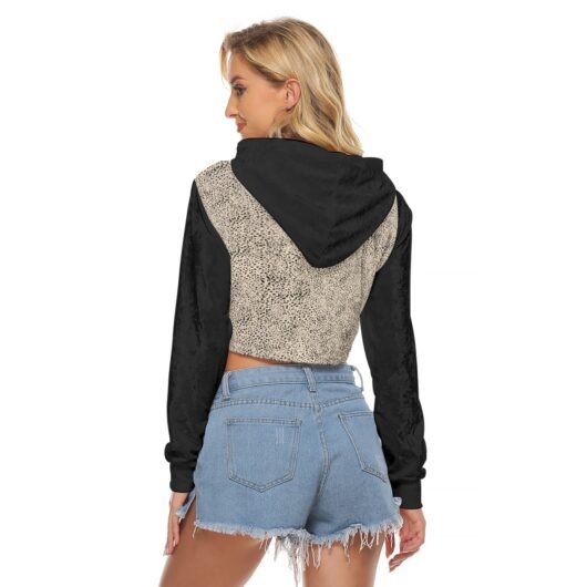 Women's Crop Top Hoodie With Black Sleeves Velvet Leopard - Image 4