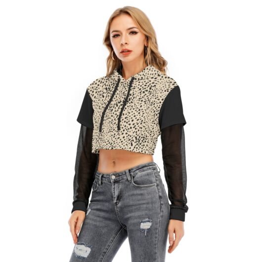 Women's Two-piece Black Color Mesh Sleeve Cropped Hoodie Leopard - Image 3