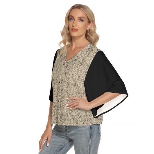 Leopard Women's Bat Sleeve Light V-neck Front Buttoned Top Black Sleeve - Image 3
