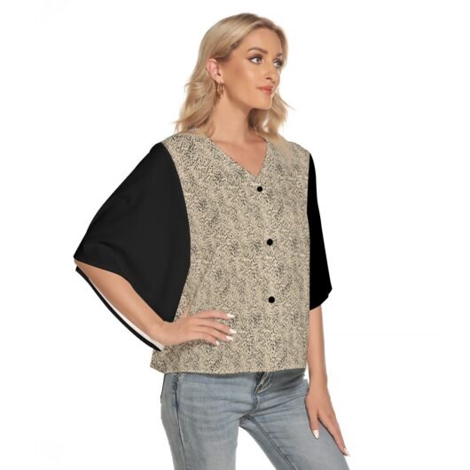 Leopard Women's Bat Sleeve Light V-neck Front Buttoned Top Black Sleeve - Image 2