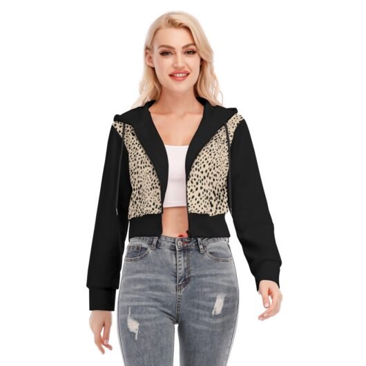 Women's Crop Top Hoodie With Zipper Closure And Black Sleeves Leopard